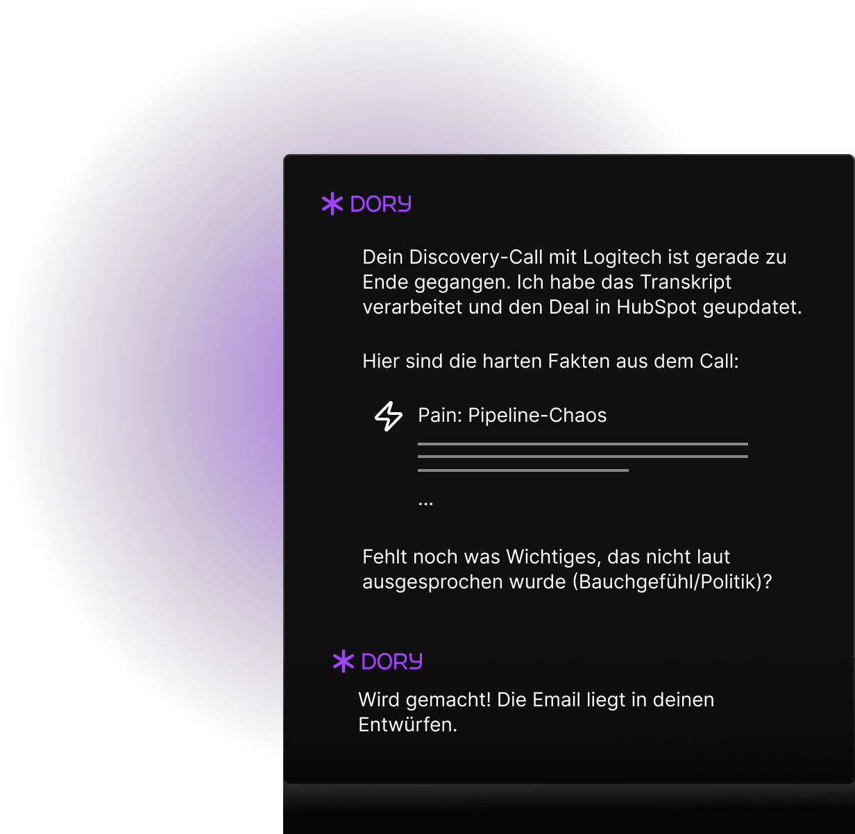 Dory liefert nach dem Call automatisch das Follow-up