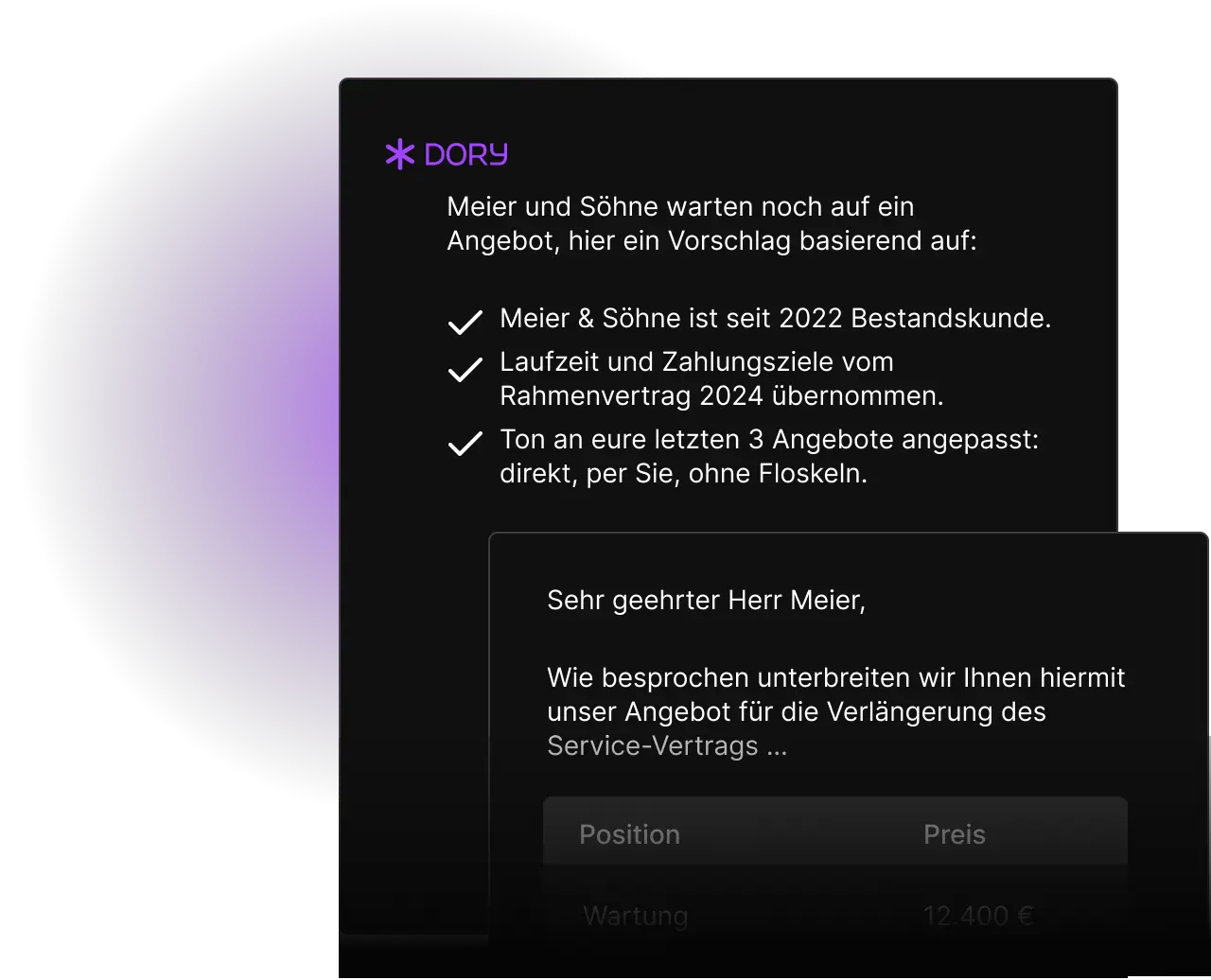 Beispiel: Dory schreibt ein Angebot direkt aus dem CRM-Kontext