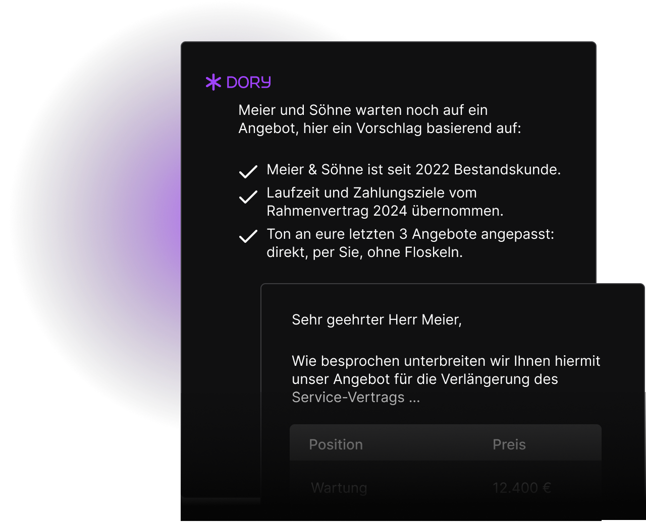 Beispiel: Dory schreibt ein Angebot direkt aus dem CRM-Kontext